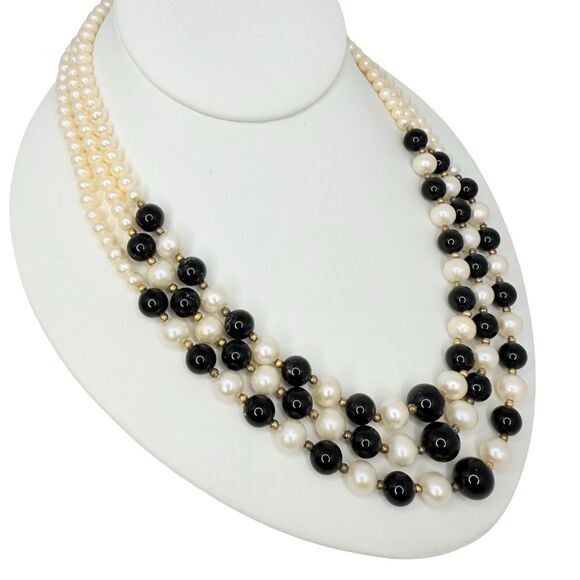 VTG White Pearl & Onyx Multi Strand Necklace 18" Gold Over 925 Sterling Silver - Picture 4 of 12